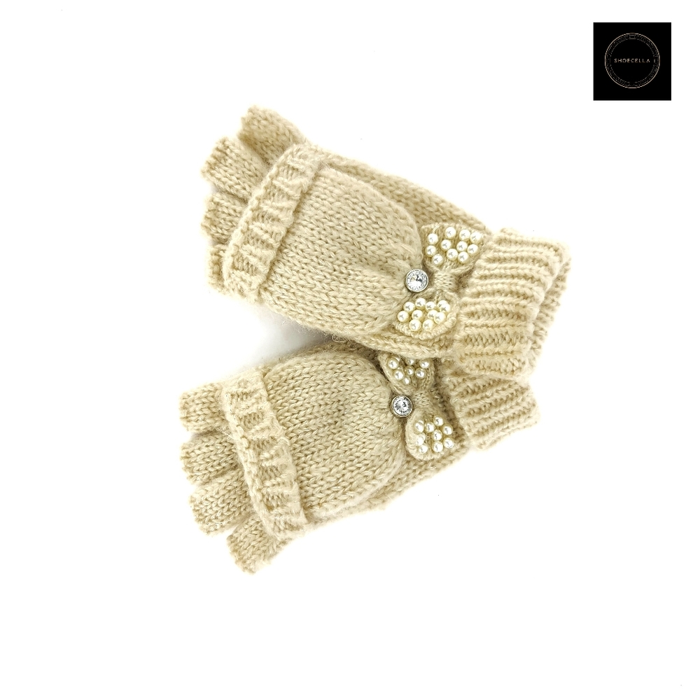 Cream Flip Top Knitted Gloves OS